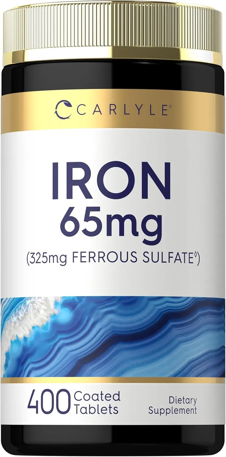 Carlyle حديد فيروس سلفات 325mg، 65mg، 400 قرص، غير معدل وراثياً، خال من الغلوتين، مكمل نباتي، عالي الفعالية
