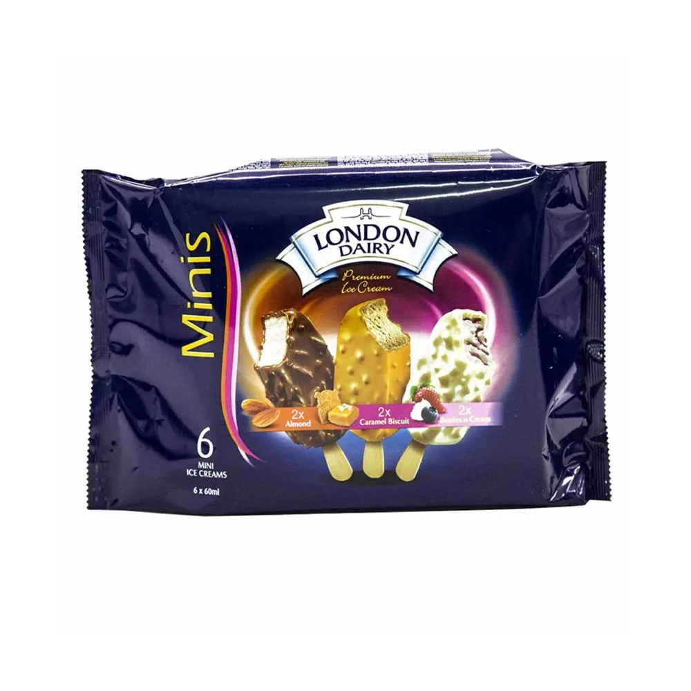 London Dairy آيس كريم مينيز باللوز والكراميل والبسكويت والتوت مع الكريمة