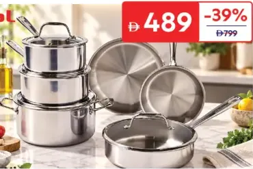 T-fal طقم أواني طهي Pro ستانلس ستيل ثلاثي الطبقات متوافق مع الحث الحراري آمن للفرن حتى 500f، الأغطية حتى 350f، حرارة سريعة ومتساوية