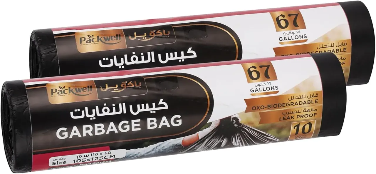 packwell كيس قمامة أسود قوي وقابل للتحلل شديد التحمل للاستعمال مرة واحدة 10 Pcs مقاس 105X125cm رول Pcs