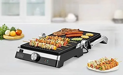 Black+Decker شواية Family Health مع مفصلة 180¡ بقوة 2000W مساحة شواء 1500cm_ تعديل ارتفاع 5 مستويات تحكم بدرجة الحرارة وصينية تنقيط - أسود/فضي CG2000-B5