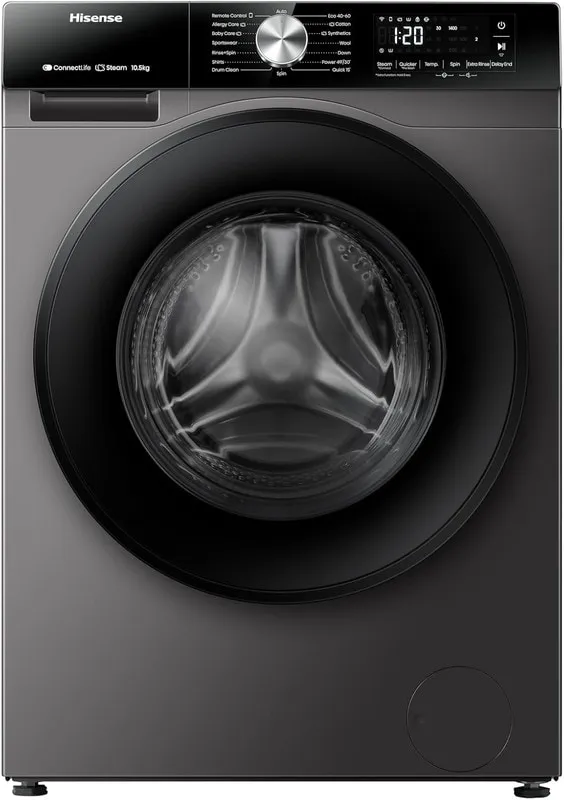 Hisense 3S Series Washing Machine with Inverter Motor, Smart WiFi, AI Super Wash Technology, 1400 RPM, Smart Energy Monitoring, 15 Programs, Titanium Grey WF3S1043BT