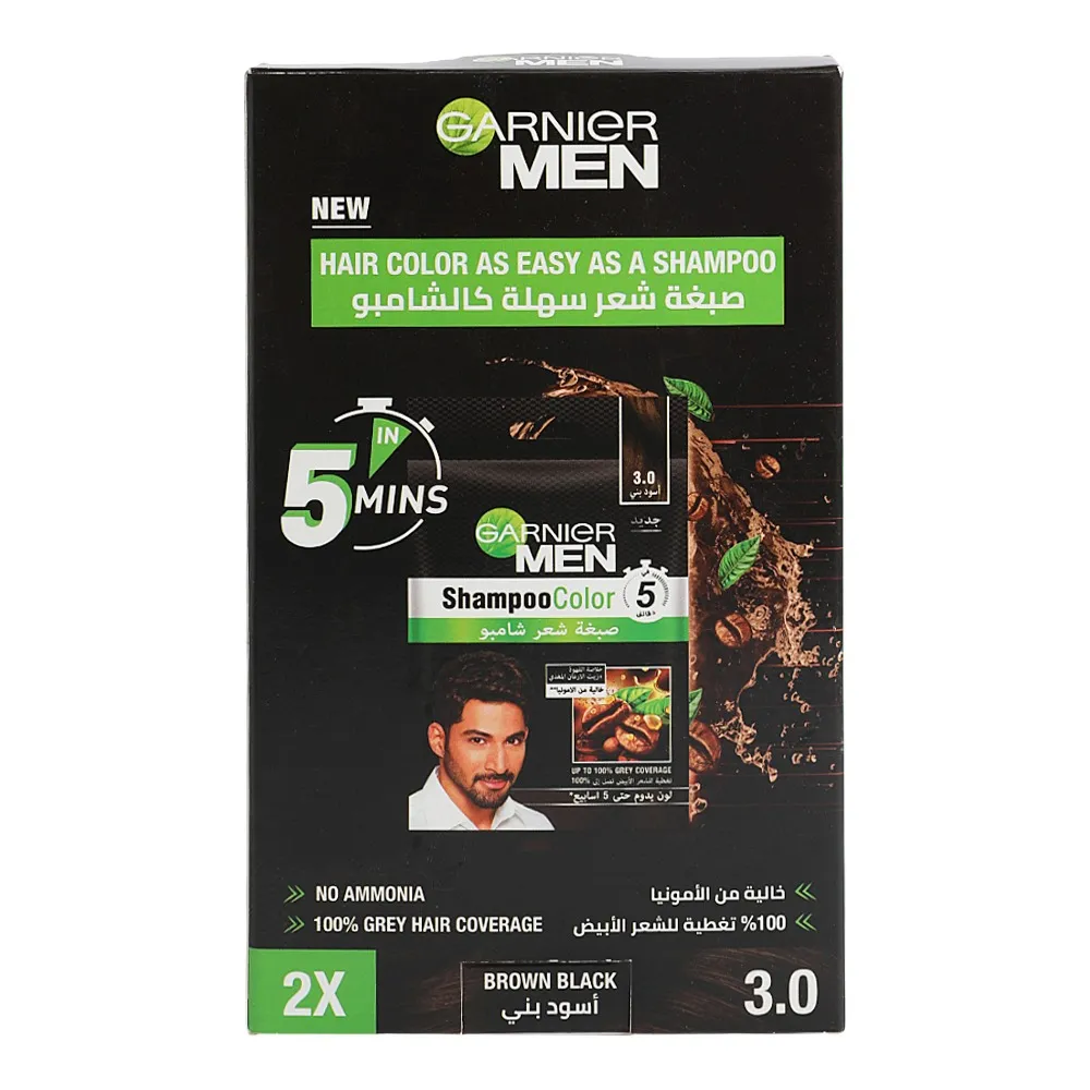 Garnier شامبو صبغة للرجال في 5 دقائق، 3.0 بني أسود، 2 Pcs