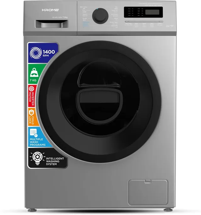 Krome Front Load Washing Machine, BLDC Inverter Motor, 1400 RPM, 15 Programs, Lunar Dial, LED Display, Multiple Temperature, Titanium, KR-WFL80SSI