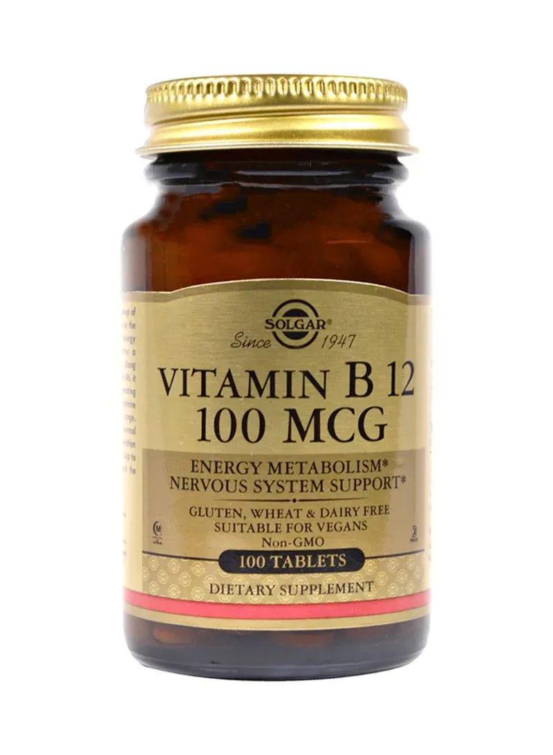 solgar فيتامين B12 بتركيز 100mcg، 100 قرص، يدعم استقلاب الطاقة، غير معدل وراثياً، نباتي، خال من الغلوتين والقمح ومنتجات الألبان