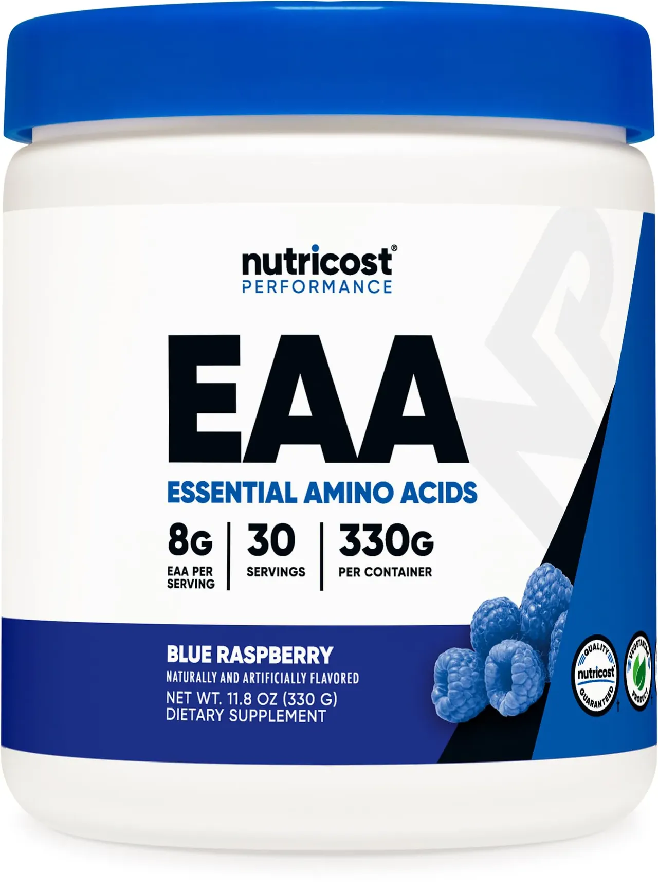 Nutricost مسحوق أحماض أمينية أساسية EAA 30 حصة بنكهة التوت الأزرق، خال من الكائنات المعدلة وراثياً وخال من الغلوتين ومناسب للنباتيين