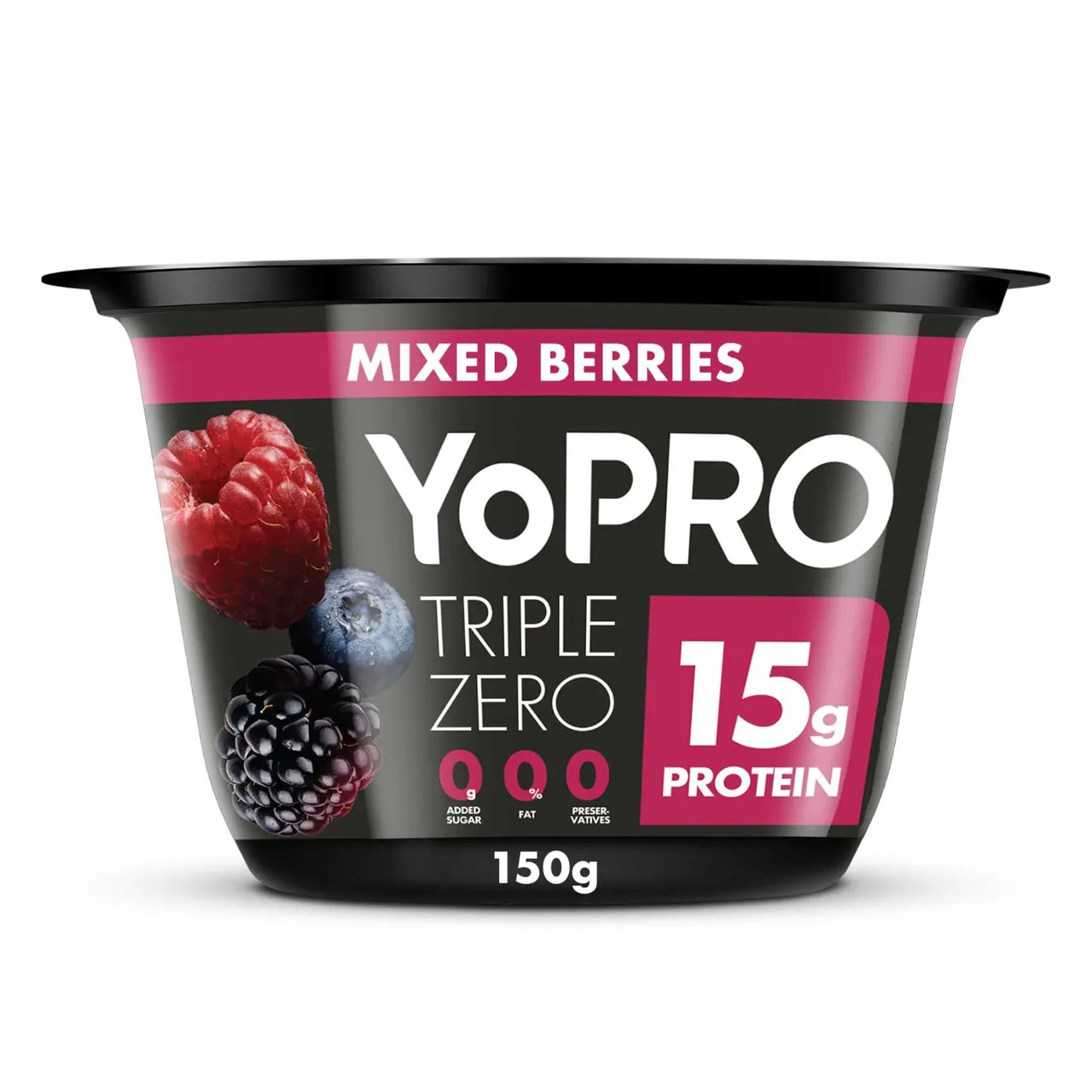 Danone YoPro زبادي بروتين، تريبل زيرو بنكهة التوت المشكل زبادي عالي البروتين، حليب خالي الدسم