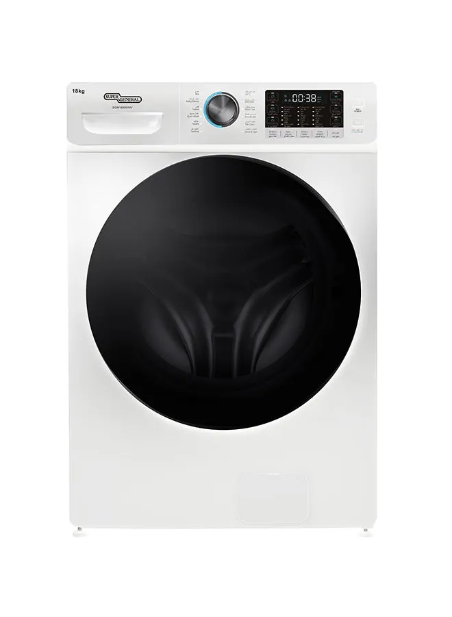 Super General غسالة تحميل أمامي بمحرك Inverter و1000 RPM ووظيفة البخار و12 برنامج غسيل واستشعار تلقائي وشاشة رقمية بمقاس 68.6W x 86.4D x 101H cm بيضاء SGW18400INV