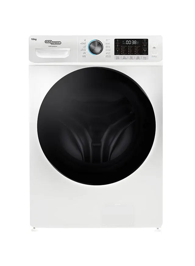 Super General Front Load Washing Machine, Inverter Motor, 1000 RPM, Steam Function, 12 Washing Programs, Auto Sensing, Steam Function, Digital Display, 68.6W x 86.4D x 101H cm, White SGW18400INV