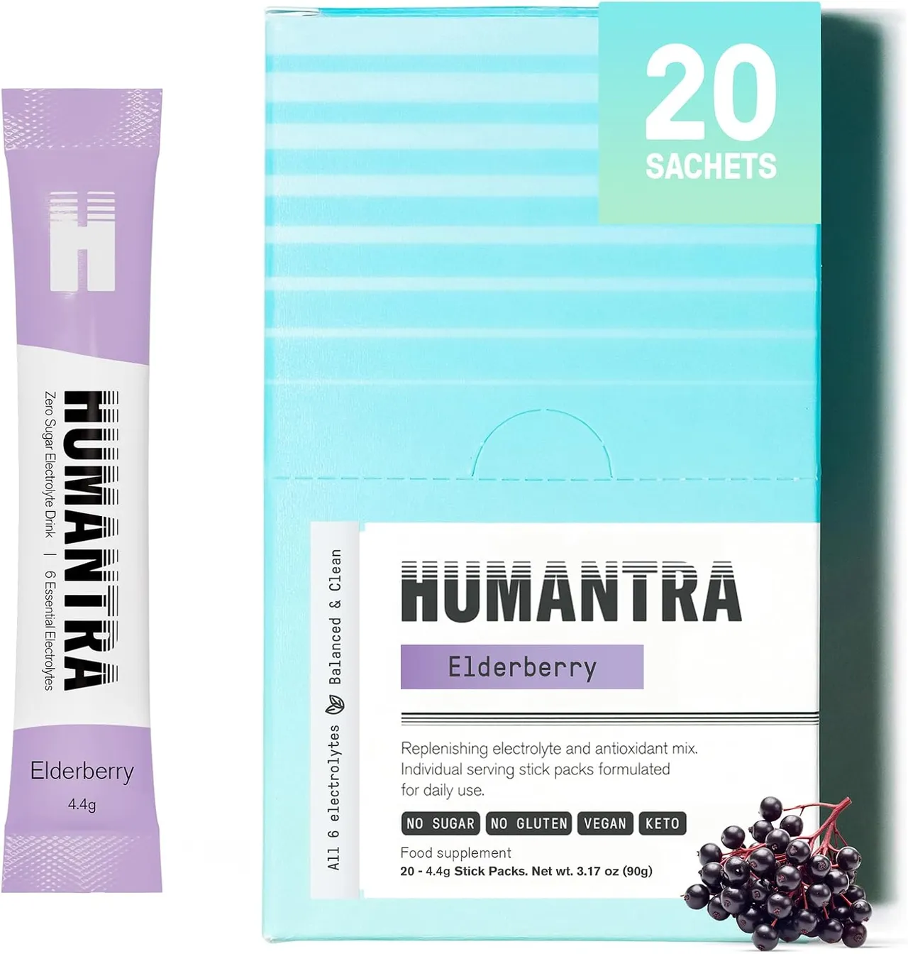 Humantra مسحوق إلكتروليتات بنكهة البيلسان Elderberry، 20 كيس، أكياس ترطيب بودرة، مسحوق إلكتروليتات نباتي مع 6 إلكتروليتات، نباتي، خالٍ من السكر والجلوتين
