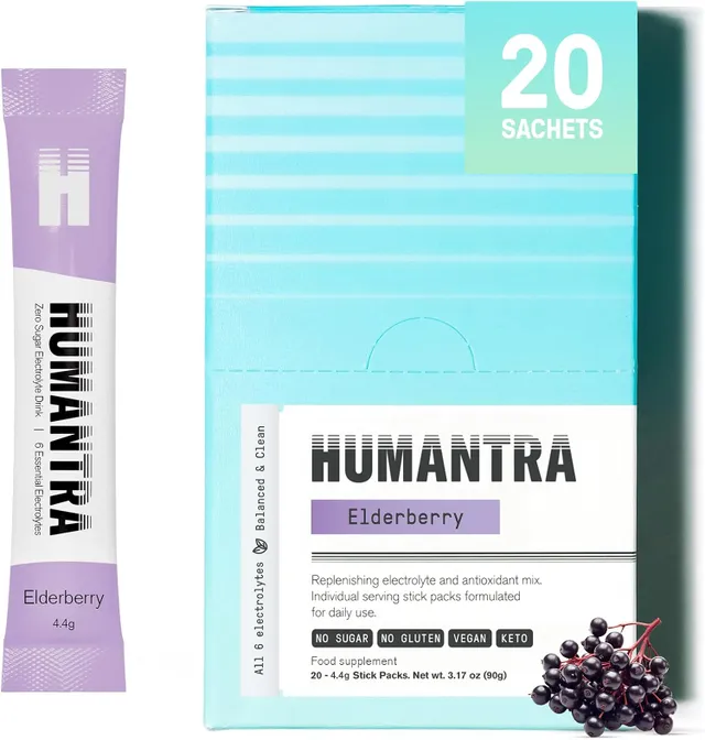 Humantra Electrolytes Powder, Elderberry Flavor, 20CT, Powdered Hydration Sachets, Plant-Based Electrolyte Powder with 6 Electrolytes, Vegan, Sugar-Free, Gluten-Free