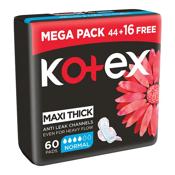 Kotex فوط صحية ماكسي سميكة عادية بالأجنحة - 60 Pcs