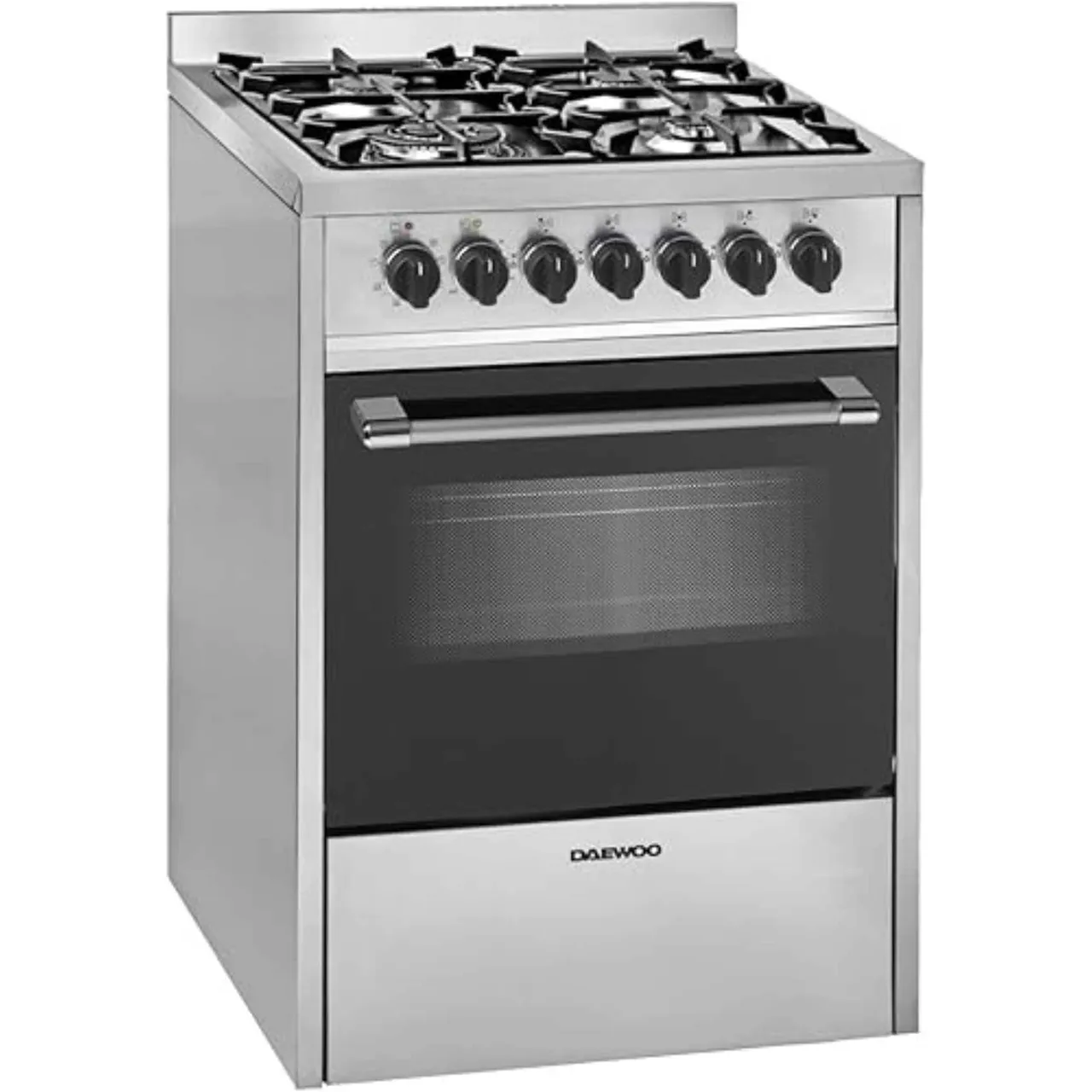 Daewoo طباخ متعدد الوظائف 60x60cm 4 شعلات، علوي غاز وسفلي كهرباء مع مروحة حرارية، باب زجاجي قابل للإزالة، شبك حديد مصبوب، صنع في البرتغال، DGE,S664HE
