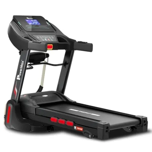 Powermax Fitness Tdm-96M 4Hp DC Treadmill For Home, Max User, 14KM/HR Top Speed, 4-Level Manual Incline, Bluetooth For App, Speaker, MP3, Massager, Foldable Cardio Machine, LCD Display