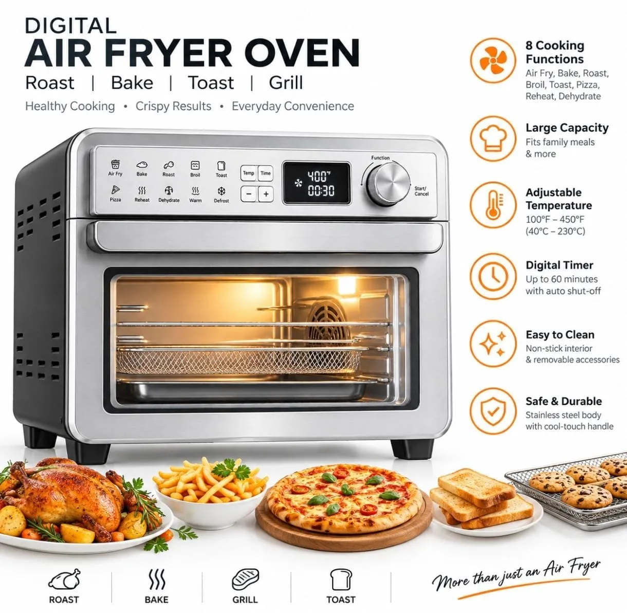 Oakriver فرن مقلاة هوائية رقمي 1700W ستانلس ستيل للقلي والخبز والتحميص والشوي
