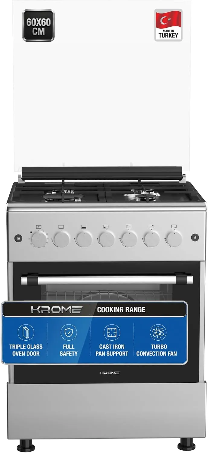 Krome طباخ غاز قائم بذاته 60x60cm، 4 شعلات غاز Euro Pool، أمان لهب، مروحة توربو واحدة، توزيع متساو للحرارة، إشعال بضغطة زر، ستانلس ستيل، KR-CR6061FE