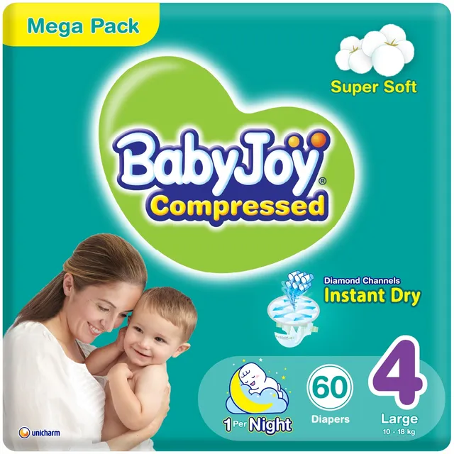 Baby Joy Compressed Diapers Large Size 4 (10- ) - 60 Pcs