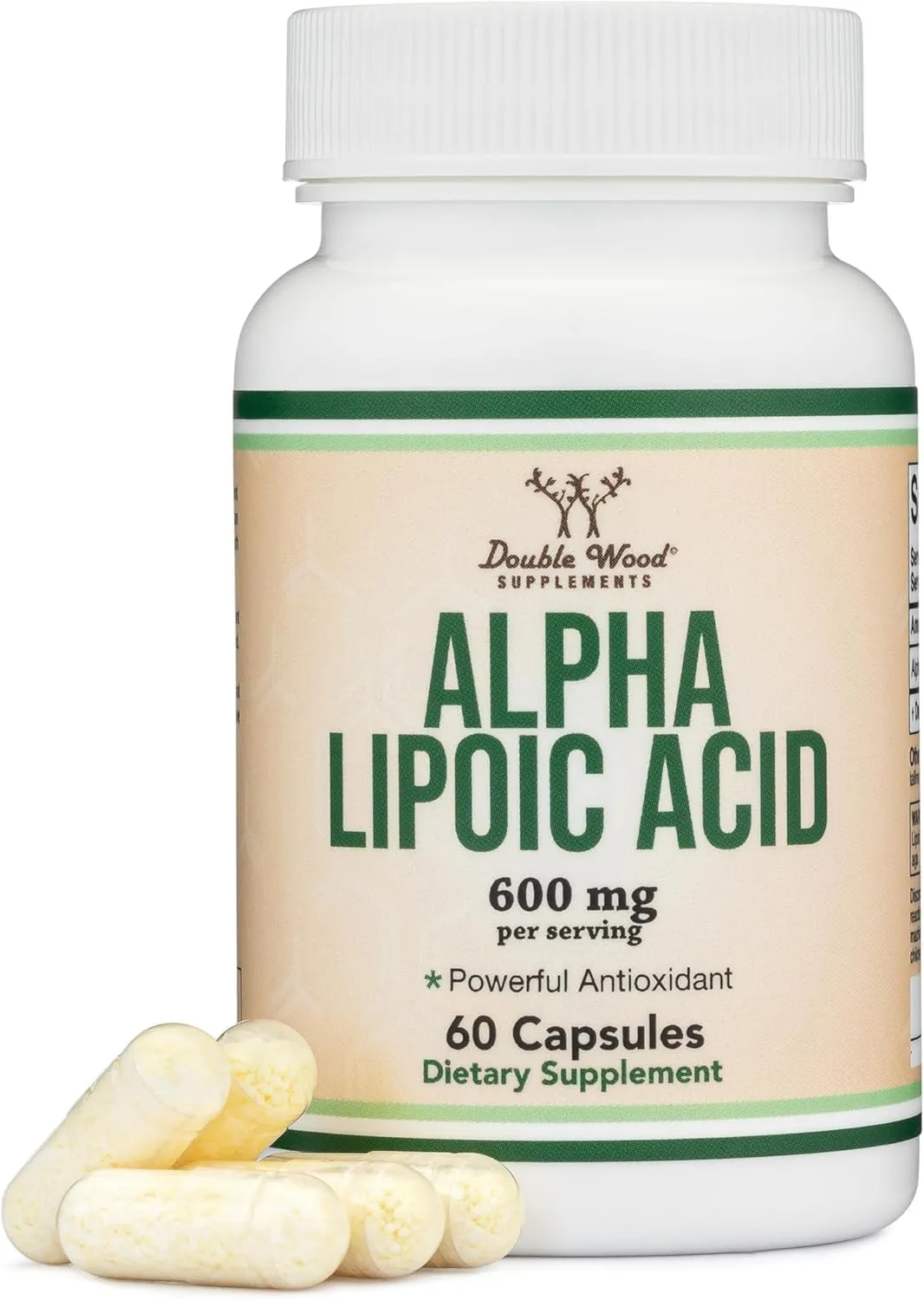 Double Wood Supplements حمض ألفا ليبويك 600mg لكل حصة، 60 كبسولة (مختبر من طرف ثالث، غير معدل وراثيا، خال من الجلوتين، مناسب للنباتيين) مضاد أكسدة قوي لصحة الأعصاب والقلب