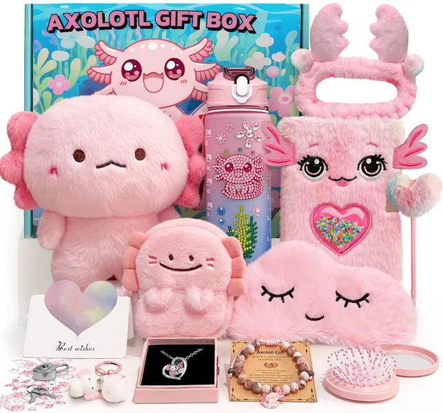 Yulefang Axolotl Gifts for Girls with Plush Toy/DIY Diamond Water Bottle/Furry Keychain Purse Notebook Pen Eyemask Headband/Stone Bracelet/Necklace/Comb, Birthday Gift for Girl 4 5 6 7 8Years Old