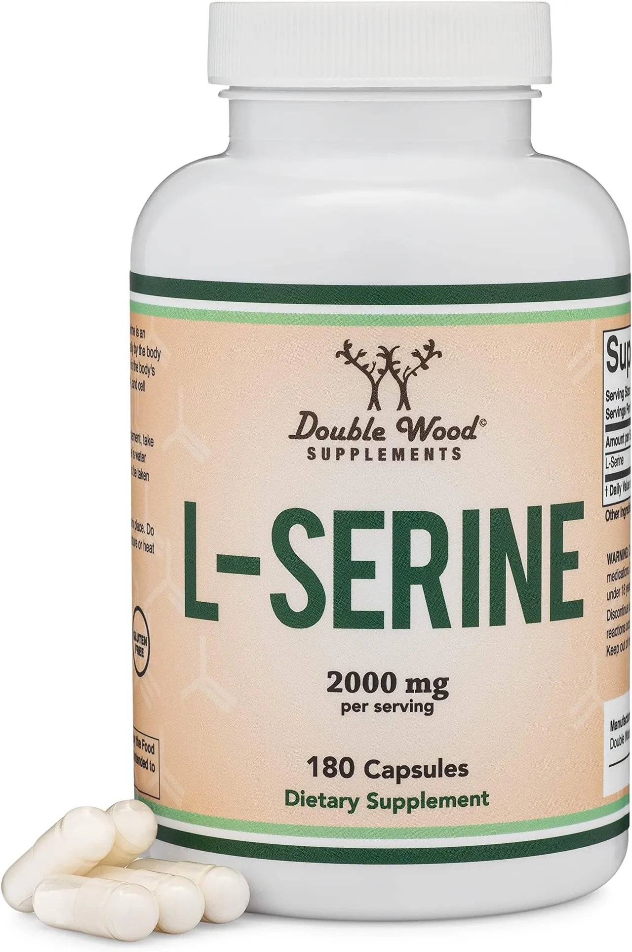 Double Wood Supplements كبسولات L-Serine (مفحوصة مخبريا) - جرعات 2,000mg مستخدمة في دراسة سريرية، 180 كبسولة، 500mg لكل كبسولة (حمض أميني لإنتاج السيروتونين ودعم الدماغ)
