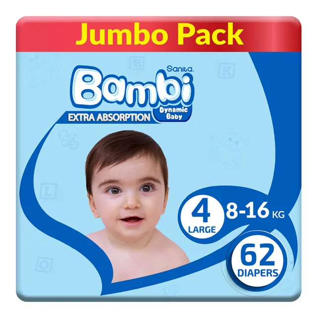 Sanita Bambi Baby Diaper Jumbo Pack Size 4 Large 8- 62 pcs