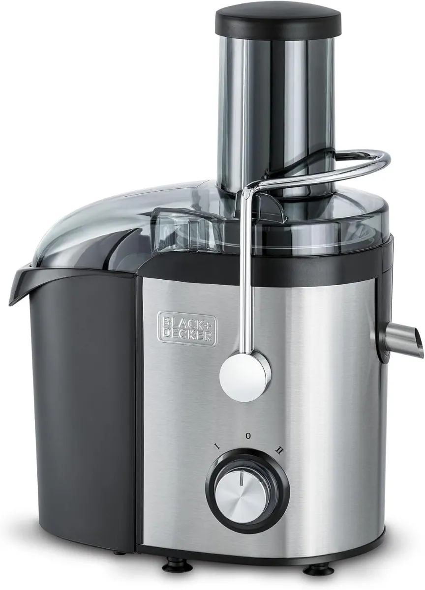 Black+Decker عصارة بخلاط ستانلس ستيل وعاء لب كبير 800W جامع عصير XL تحكم مزدوج السرعة للفواكه والخضروات - Silver/Black JE800-B5