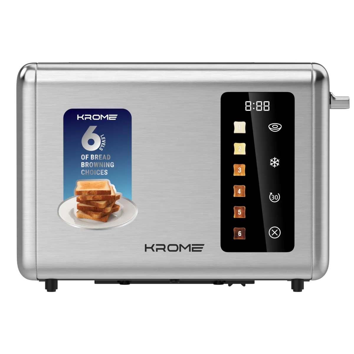 Krome محمصة 2 شريحة | 850W | وظيفة إذابة التجميد وإعادة التسخين | صينية فتات قابلة للإزالة | لوحة لمس كاملة الوظائف | عد تنازلي بشاشة رقمية | KR-BT20TD