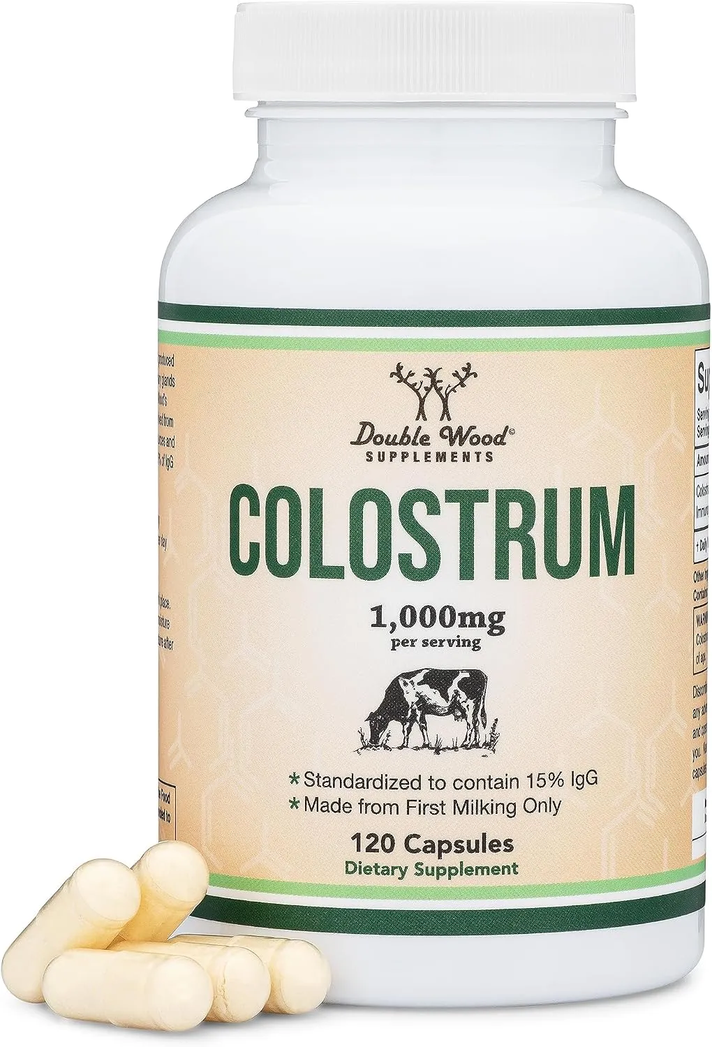 Double Wood Supplements كولوستروم 120 كبسولة، 1,000mg لكل حصة (مسحوق كولوستروم بقري من الحلبة الأولى فقط، معياري ليحتوي على 15% Igg Immunoglobulins) بدون حشوات