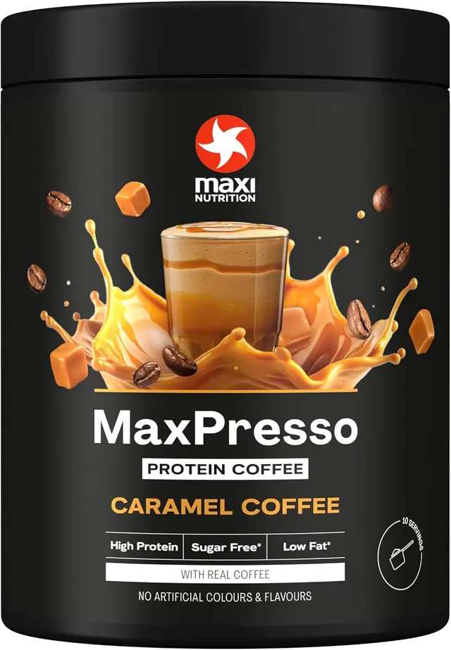 maxinutrition MaxPresso Caramel Coffee Flavour Powder, 300 Grams - with Whey Protein per Serving Mix Hot or Cold, Sugar‐Free & Low‐Fat