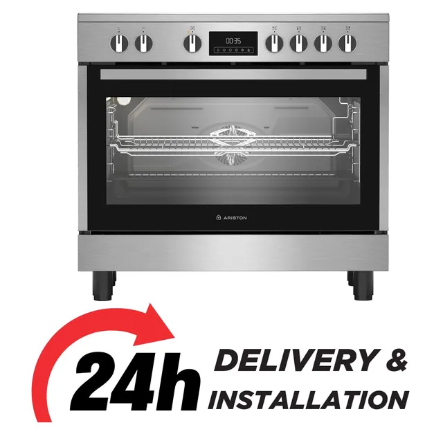 Ariston Electric Cooker, 90x60 cm, Fan-Assisted Oven, Self-Cleaning, LED Display, Glass Top, Stainless Steel Finish, ARR9EV830207XME