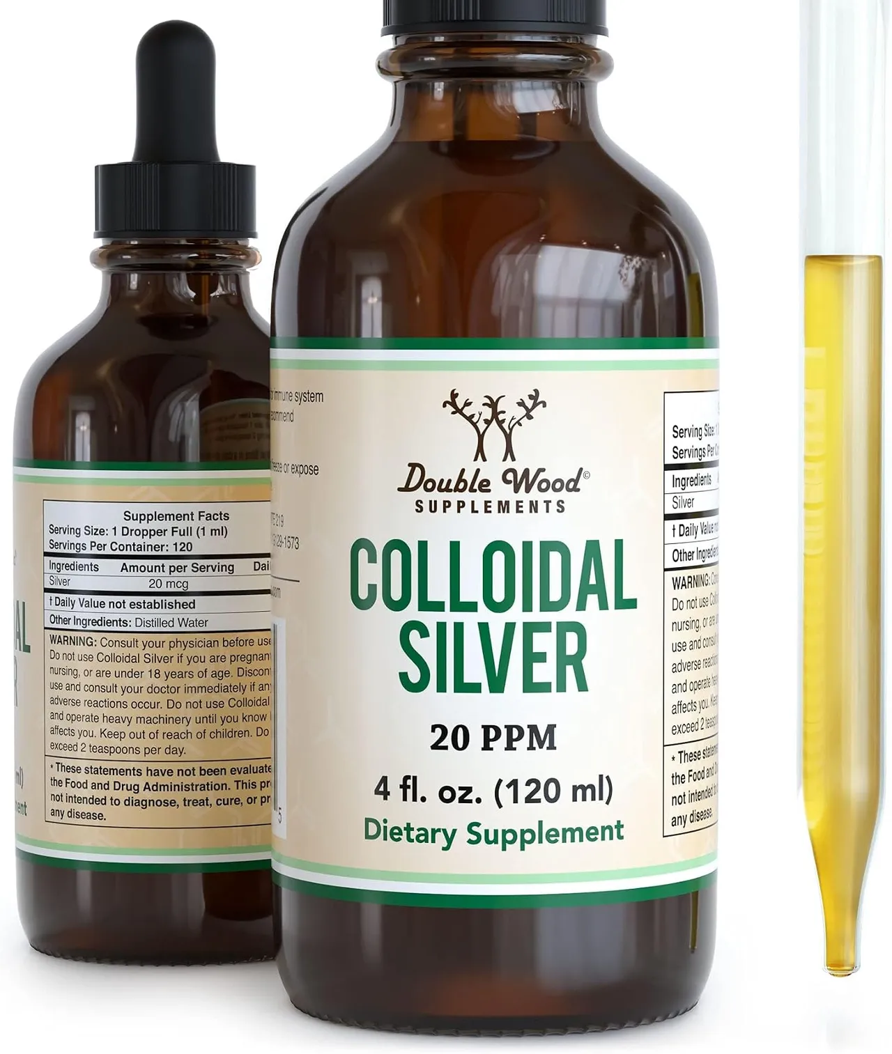 Double Wood Supplements فضة غروية سائلة Colloidal Silver Liquid 20 PPM، 4 Fl OZ (Plata Coloidal مع قطارة) نقي 99.9%، صنع في الولايات المتحدة، خال من الغلوتين وغير معدل وراثيا