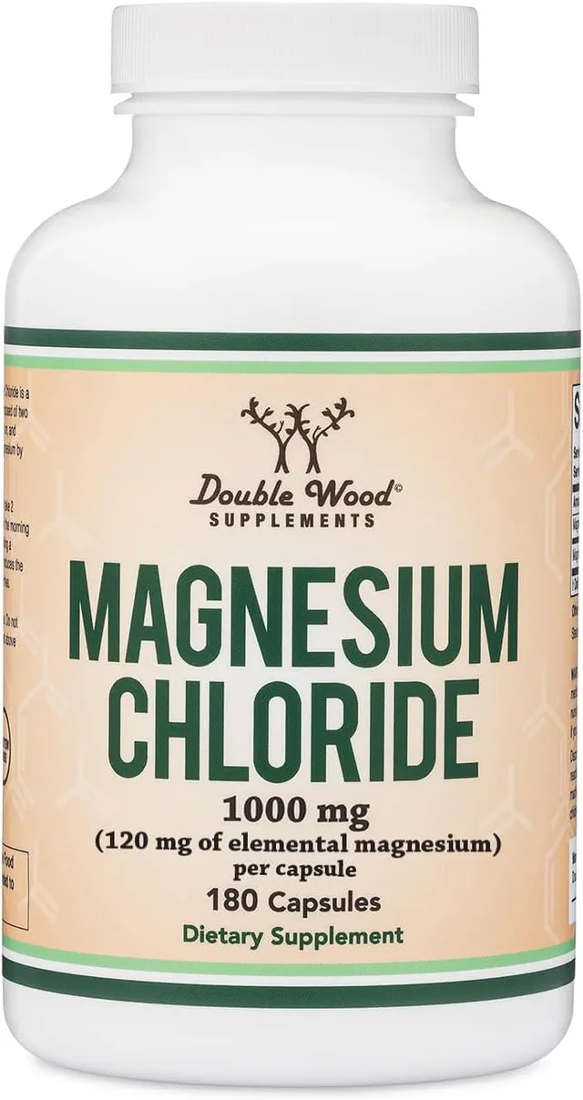 Double Wood Supplements Magnesium Chloride (Cloruro De Magnesio), 180 Capsules, 1,000mg Per Serving, for Sleep, Constipation, Digestion, Bone Health, and Relaxation, Made and Tested in The USA