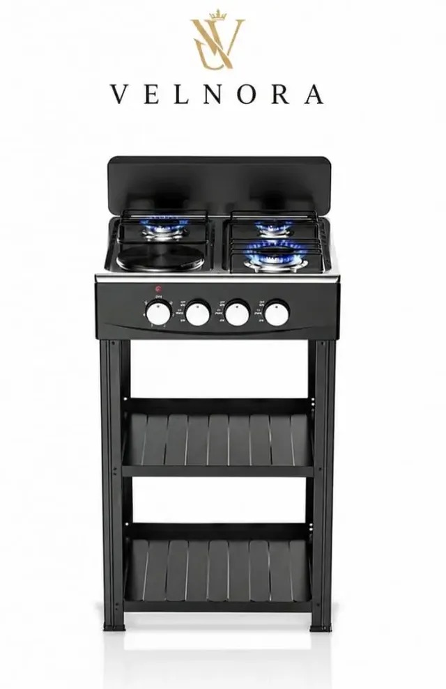 velnora 4 Burner Stove (3 Gas + 1 Electric Hot Plate) – Portable Propane Camping Cooker with Wind Shield, Stainless Steel Outdoor Gas Hob, High Efficiency Cooktop with Support Legs