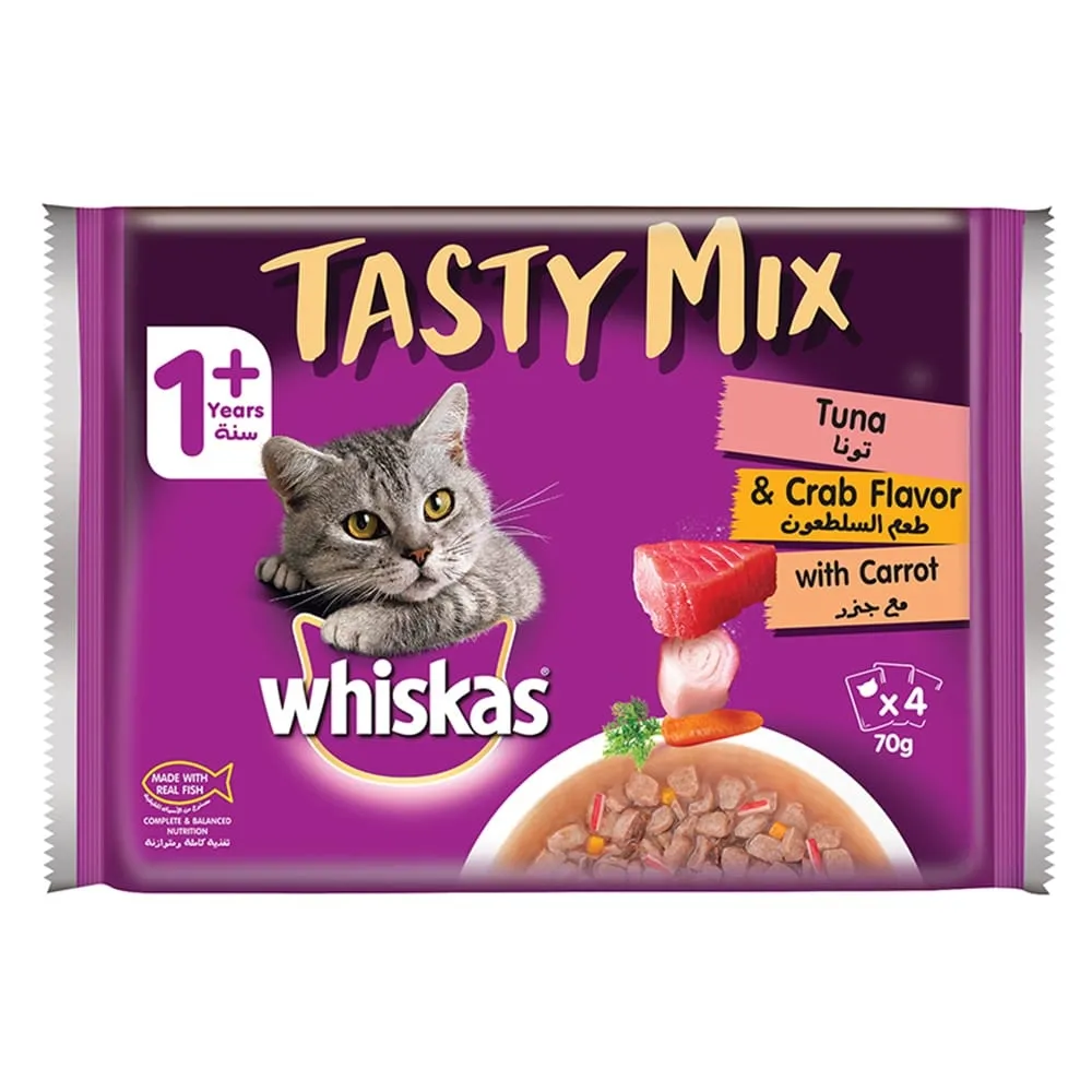Whiskas طعام قطط رطب تشكيلة لذيذة بالتونة والسلطعون مع الجزر في المرق