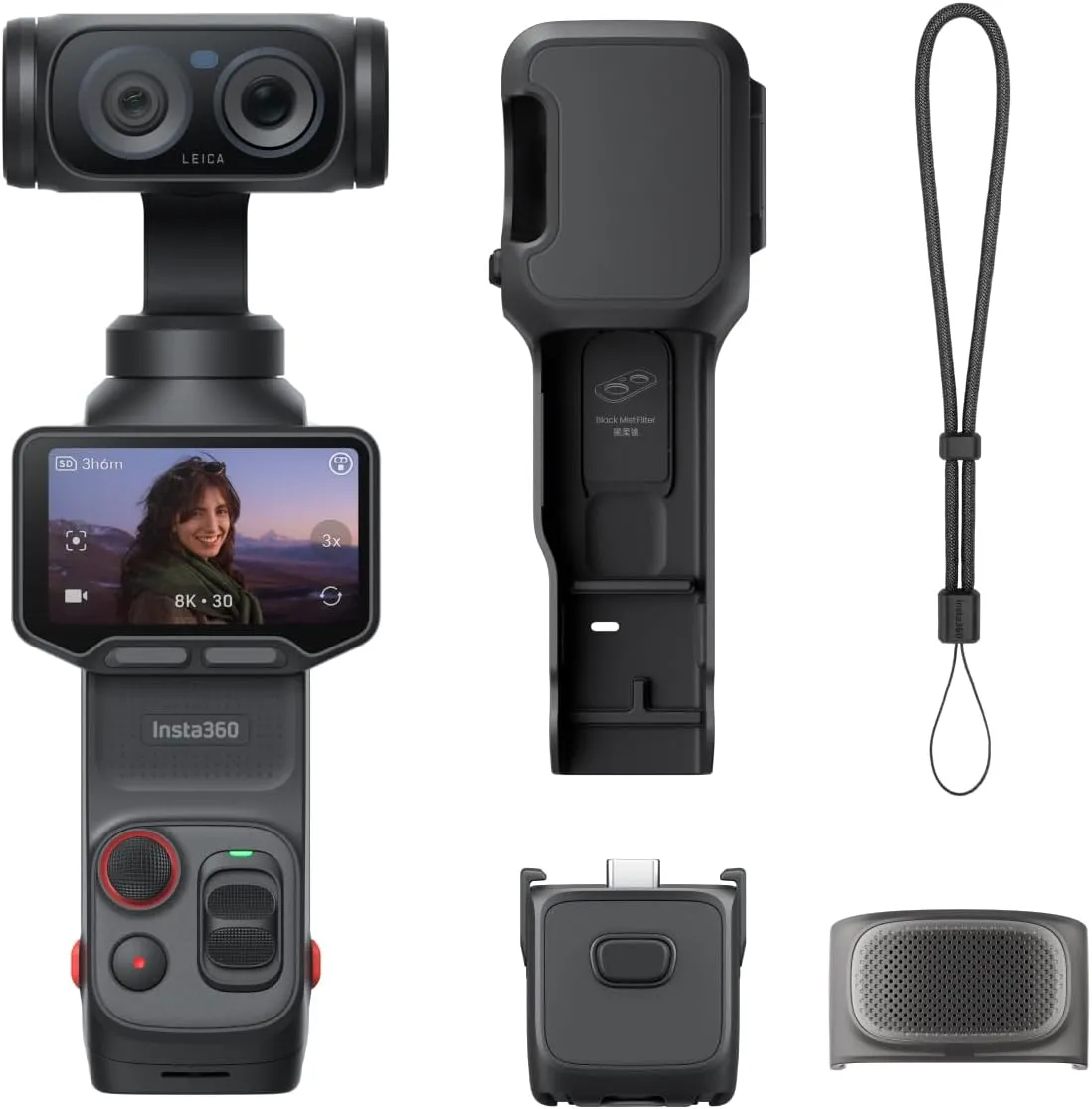 Insta360 Luna كاميرا جيمبال بحجم الجيب فائقة قياسية بدقة 8K مع نظام عدسات Leica مزدوجة + غطاء حماية + حاجب رياح + مقبض ملولب + حزام معصم، للسفر وتدوين الفيديو، أسود