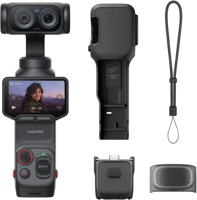 Insta360 Luna Ultra Standard Bundle 8K Pocket Size Gimbal Camera w/ Dual Leica Lens System + Protective Cover + Wind Guard + Thread Handle + Wrist Strap, For Travel, Vlogging, Black