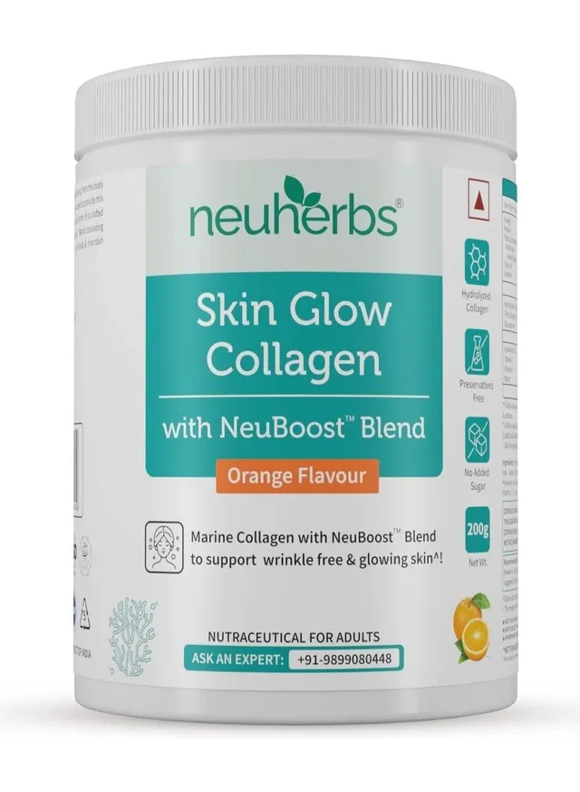 Neuherbs Skin Glow Marine Collagen Powder Supplement for Men and Women, Orange Flavour