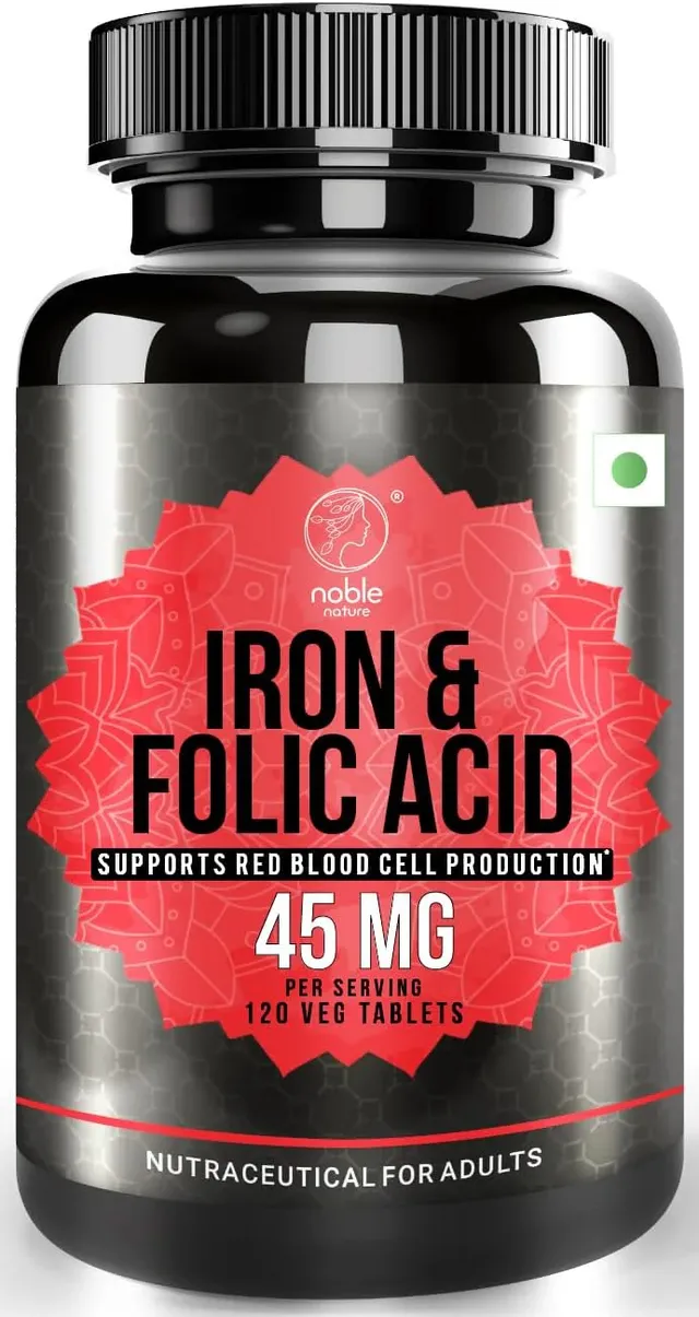 noble nature Iron With Folic Acid & Spinach Extract Supplement, 120 Tablets, Iron, Zinc, Vitamin C, Folic Acid & Vitamin B12