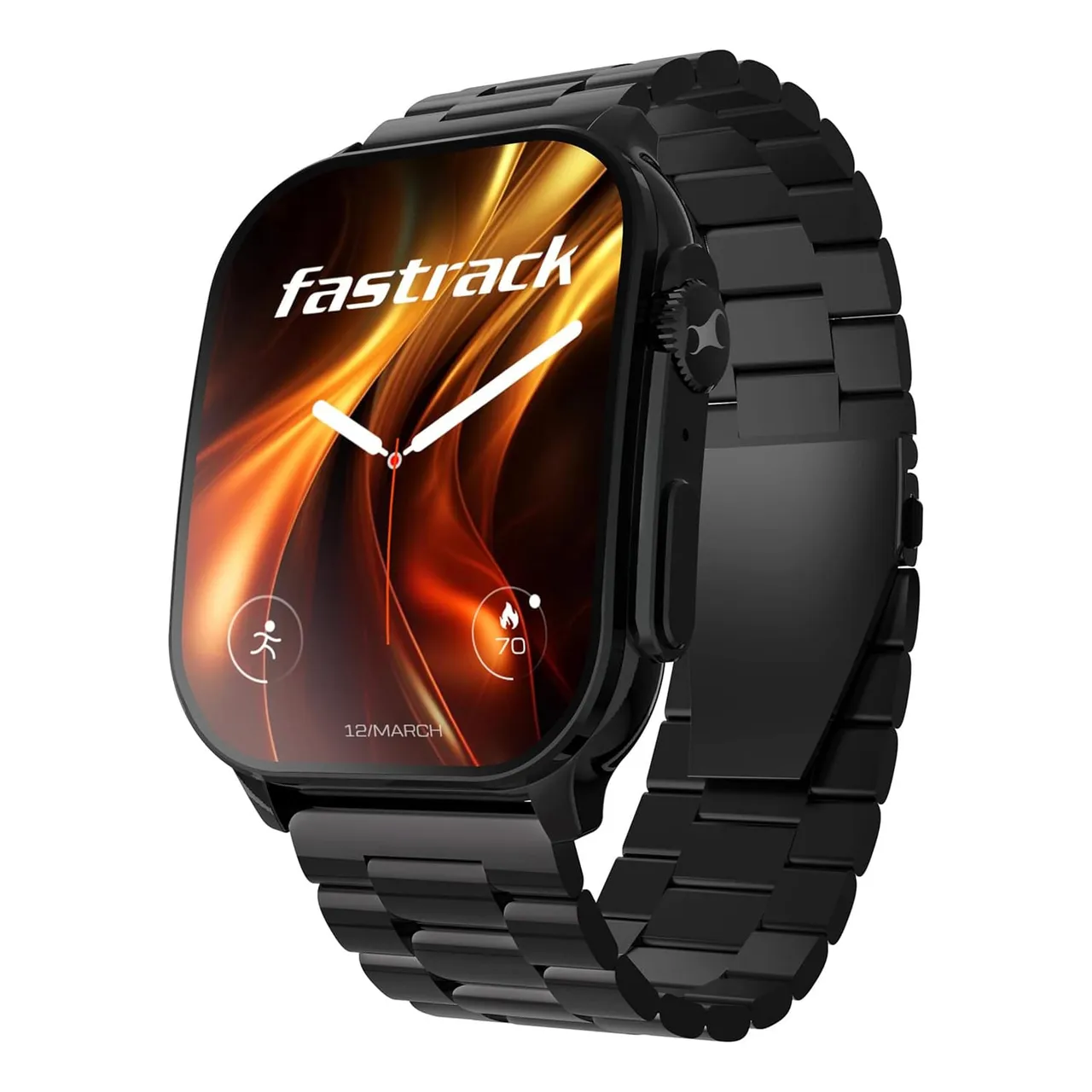Titan ساعة ذكية Fastrack Horizon S1، شاشة AMOLED مقاس 1.96 بوصة، هيكل معدني أسود مع حزام ستانلس ستيل أسود، 38166NM01