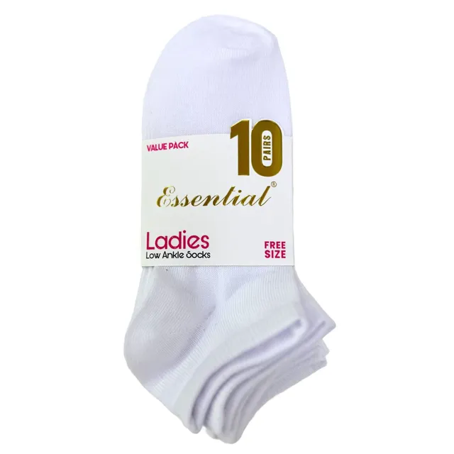 Carrefour Essential Women Low Ankle Socks LV-154, White, Free Size, 10 Pairs