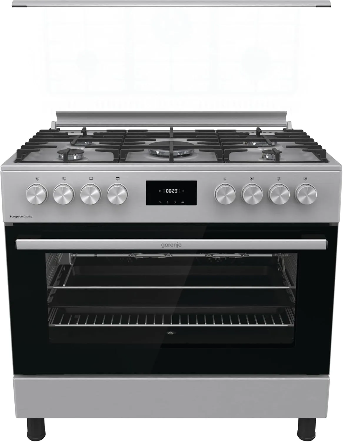 Gorenje 90x60cm Gas cooker,5 Gas Zone with Triple Ring Burner Oven Capacity, Cast ironPan Support, Fan Assited Oven, Digital Display, Stainless Steel FINISH-GGI9C20X