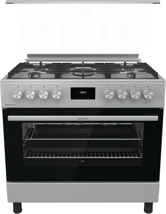 Gorenje 90x60cm Gas cooker,5 Gas Zone with Triple Ring Burner Oven Capacity, Cast ironPan Support, Fan Assited Oven, Digital Display, Stainless Steel FINISH-GGI9C20X