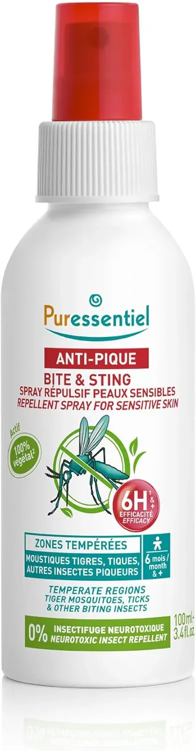 puressentiel Anti Bite & Sting Family Repellant Spray, Milky Emulsion, Enriched With Aloe Vera, Ideal For Tiger Mosquitoes, Ticks, For Temperate Areas, 0% Neurotoxic Repellant