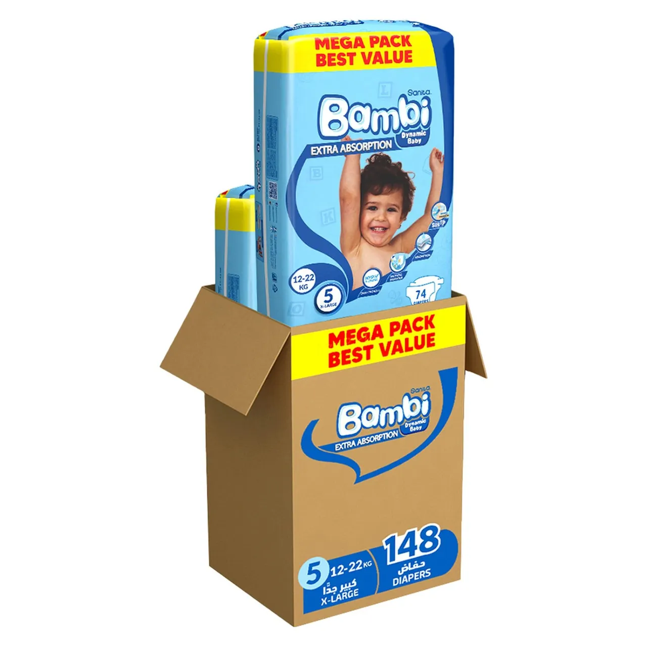 حفاضات Sanita Bambi Dynamic كبير جداً مقاس 5 12-، عبوة ضخمة 74 حفاضة