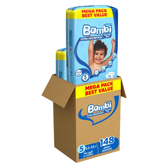 Sanita Bambi Dynamic Diapers Extra Large Size 5 12- Mega Pack 74 Diapers