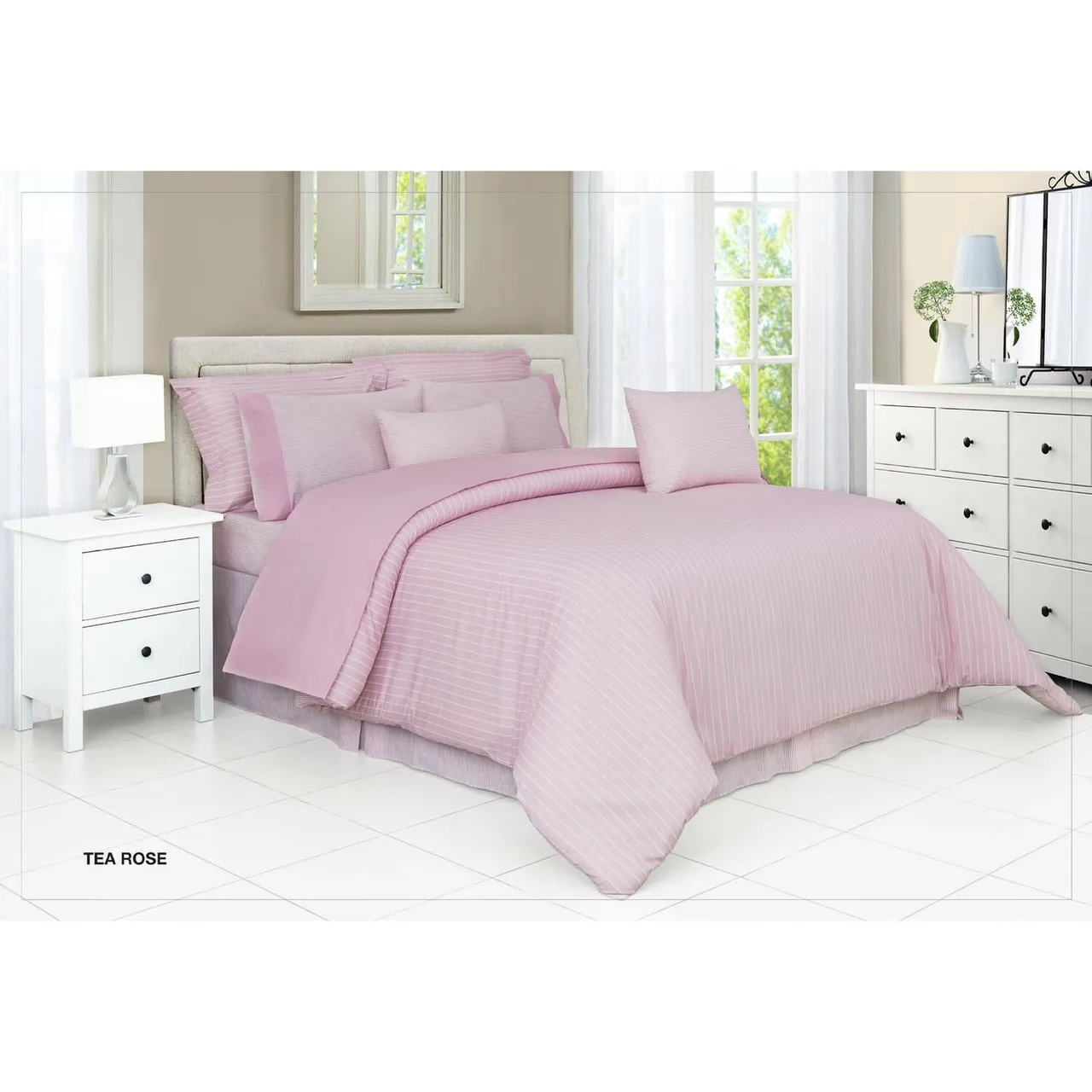Cannon شرشف سرير قطن 100% مخطط سادة 220x259cm عدد الخيوط 144 لون Tea Rose