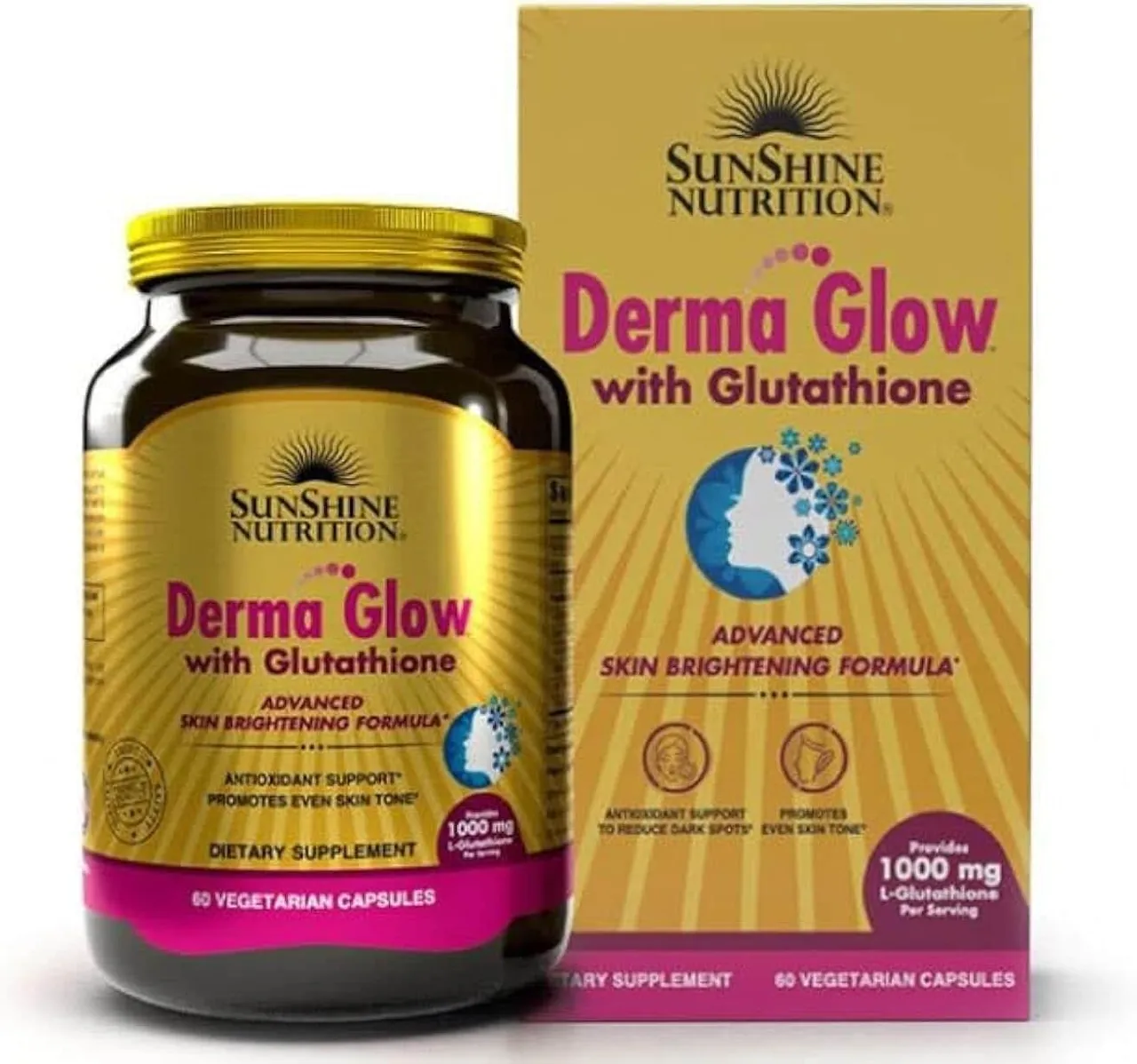Sunshine Nutrition Derma Glow مع الغلوتاثيون 1000 Mg إل-غلوتاثيون للحصة 60 كبسولة نباتية