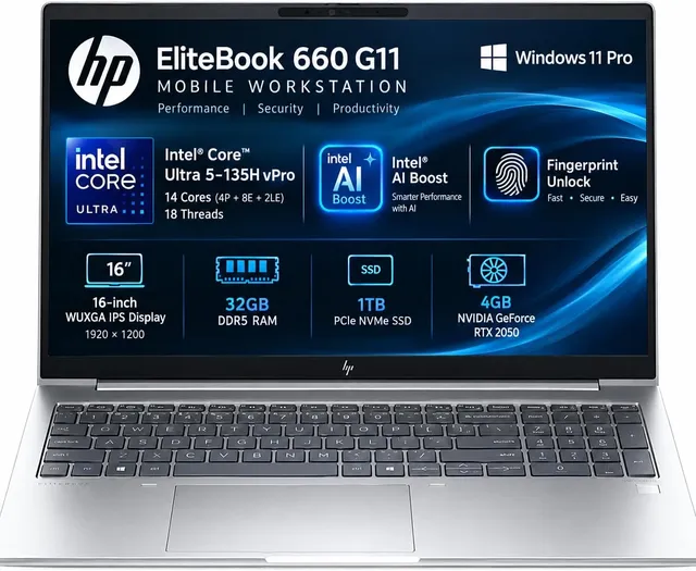 HP Elitebook 660 G11 Mobile Workstation Copilot+ PC Intel Core Ultra 5-135H vPro 16.0" WUXGA IPS Display 32GB DDR5 RAM 1TB SSD 4GB NVIDIA GeForce RTX 2050 Win 11 Pro English Backlight Keyboard Sliver