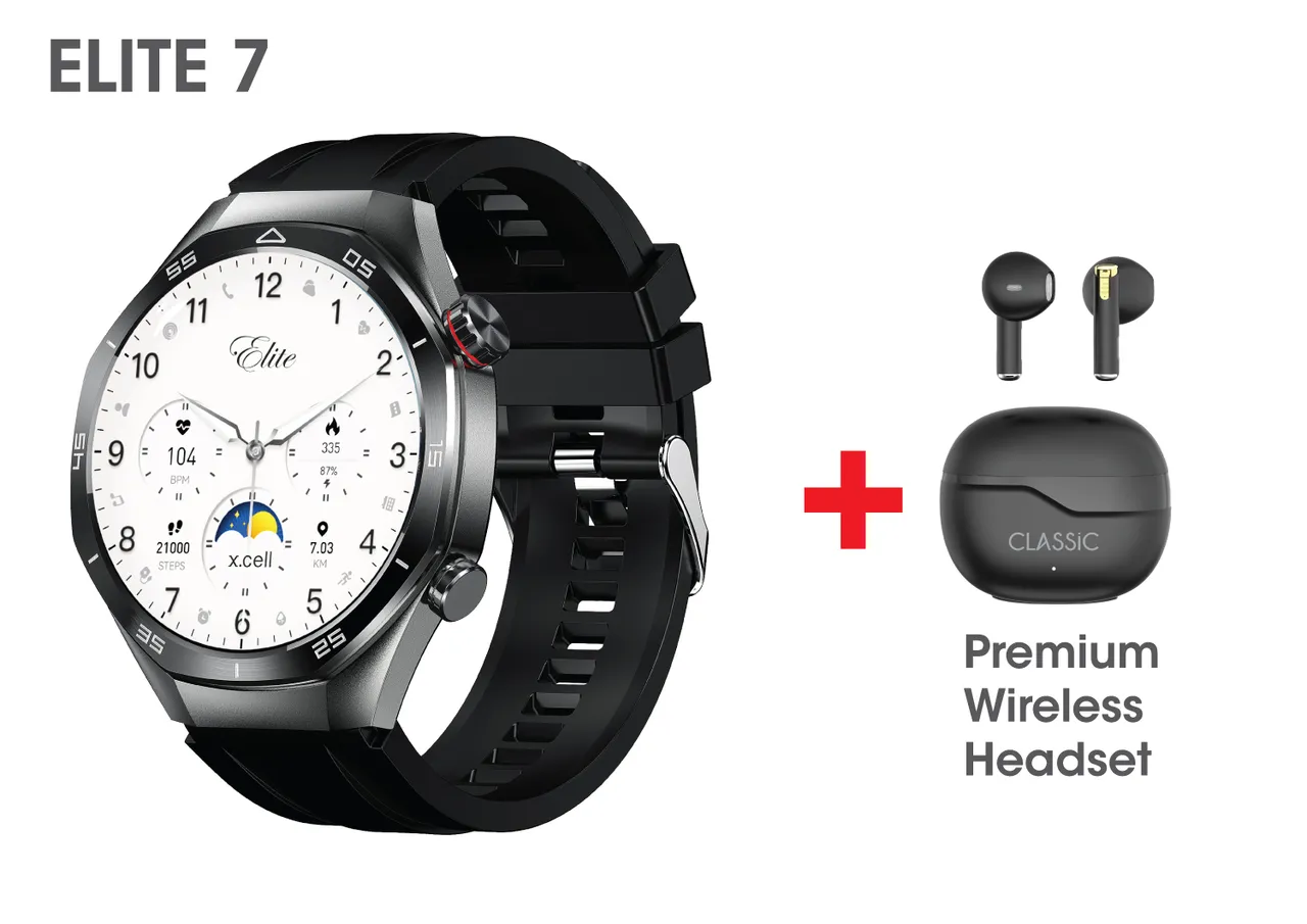 Xcell ساعة ذكية X.cell Elite 7 | شاشة HD مقاس 1.52" | مكالمات Bluetooth | شحن لاسلكي | مراقبة معدل القلب وضغط الدم ونسبة الأكسجين SpO2 | مقاومة للماء IP67 | حزام سيليكون أسود