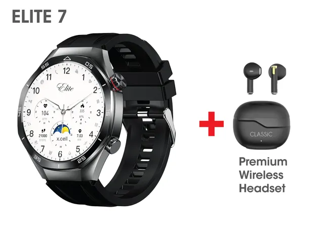 Xcell X.cell Elite 7 Smartwatch, 1.52" HD Display, Bluetooth Calling, Wireless Charging, Heart-Rate BP SpO2 Monitoring, IP67 Water Resistant, Black Silicone Strap